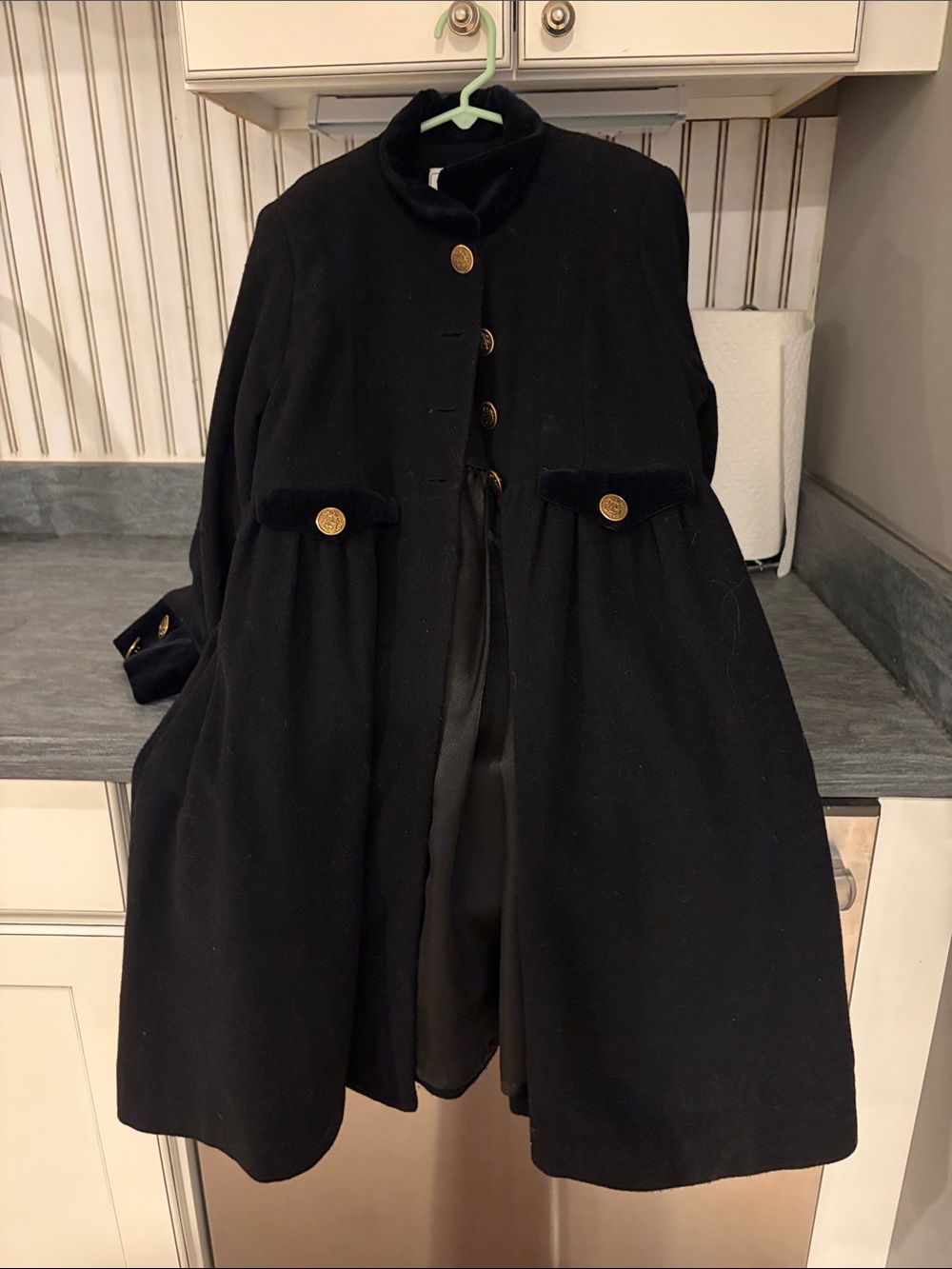 Black Little Girl Wool Coat with Velvet Trim and Gold Buttons